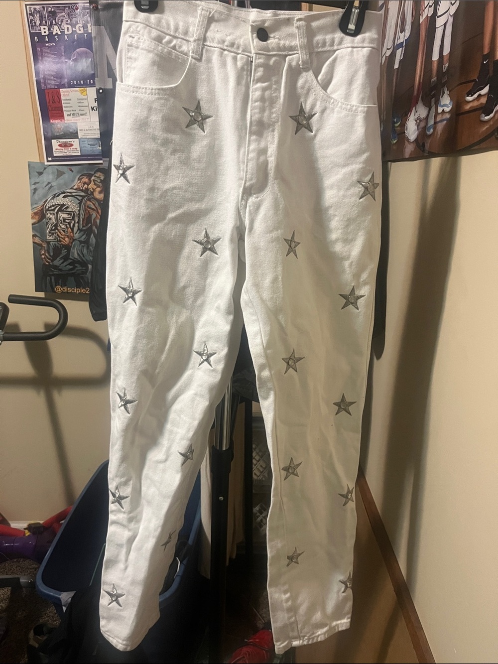 Nique White Slim Straight Jeans with Silver Star Embellishments
